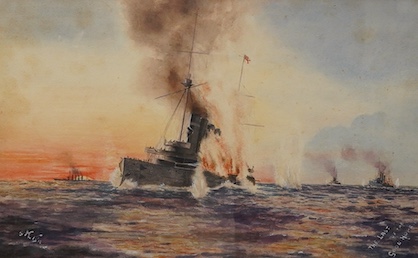 MK monogrammist, ‘The Last of the Good Hope’, WWI marine interest watercolour, initialled and dated 1915, 28 x 44cm